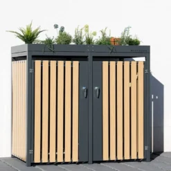 Cache Poubelle Extérieur Double Acier Imitation Bois – 2x 240 Litres