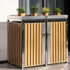 Cache Poubelle Extérieur Double Inox Imitation Bois – 2x 240 Litres