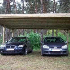 Carport Double En Bois D’Épicéa Traité Et Fibre De Verre 25 M²
