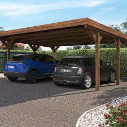 Carport Double En Bois Traité Avec Couverture En Polycarbonate – 30,9 M²