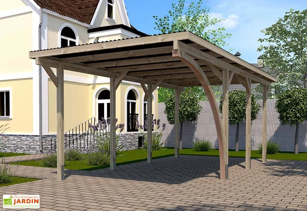 Carport Simple En Bois De Pin Traité Et PVC Avec Arc 606 A T2 - 18 M²
