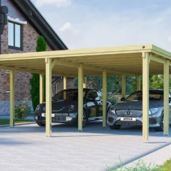 Carport Double En Bois De Pin Traité Et Toit Acier Galvanisé – 47,27 M²